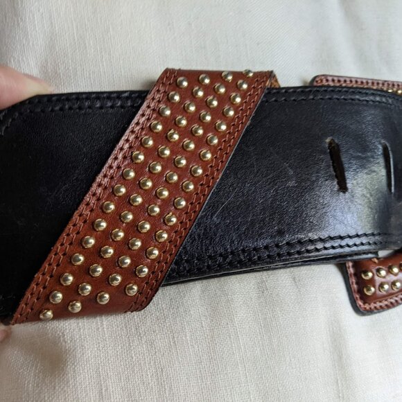 LYNN LERNER Vintage Wide Black Leather Belt with Gold Mini Metal Studs Italy main image 11